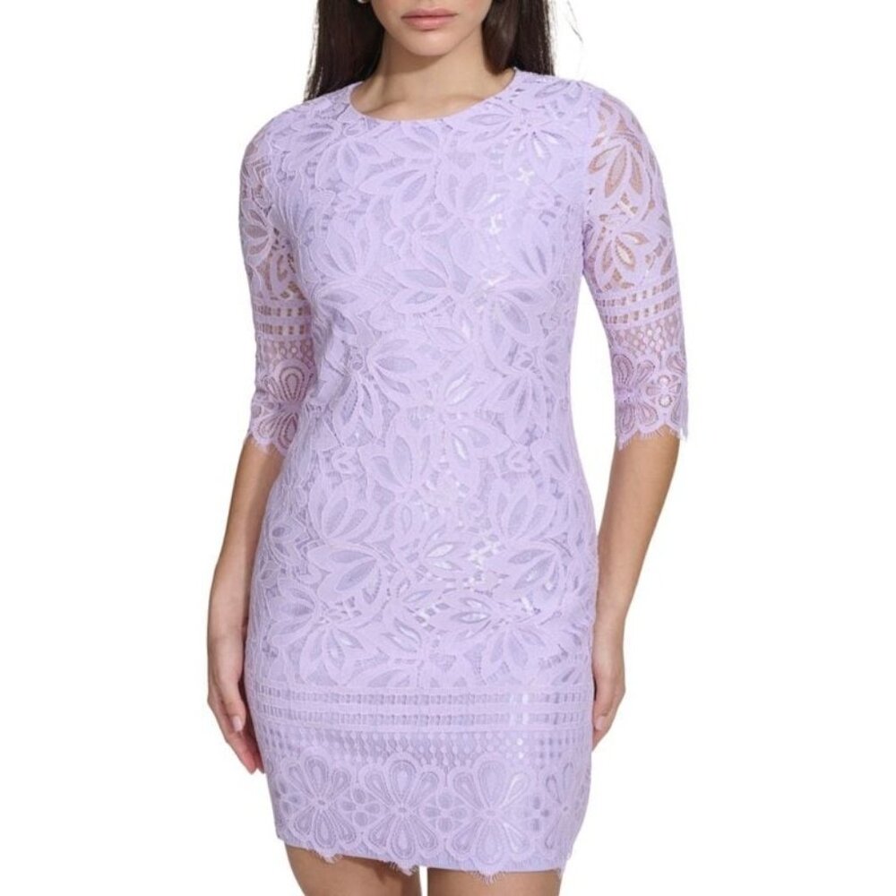 Kensie Womens 8 Lavender Corded Lace Shift Dress Jewel Neck Eyelash Trim